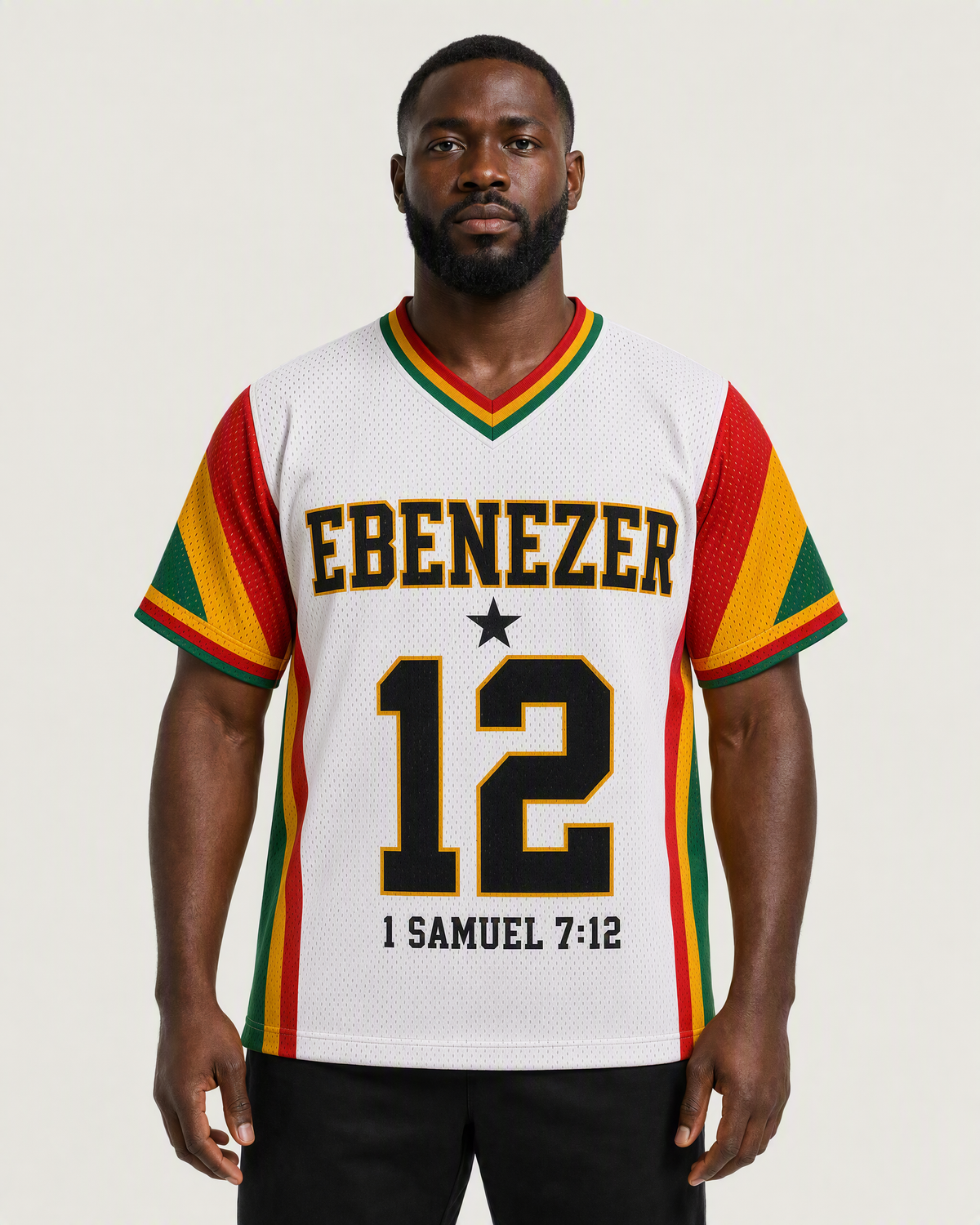 Ebenezer 12 — Ghana Faith Jersey — on-body front — AI-generated styling visualization