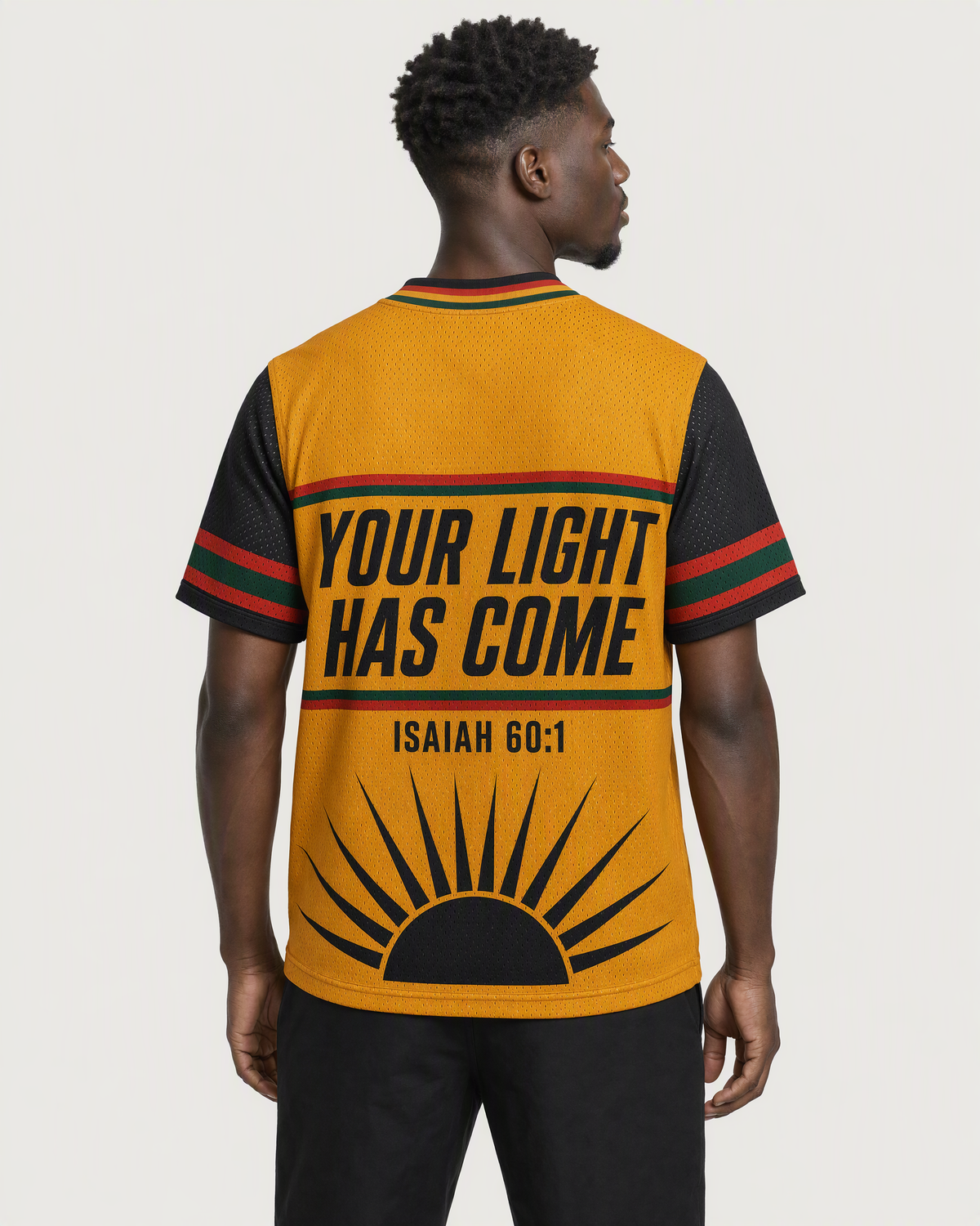 Arise Shine 60 — Ghana Faith Jersey — on-body back — AI-generated styling visualization