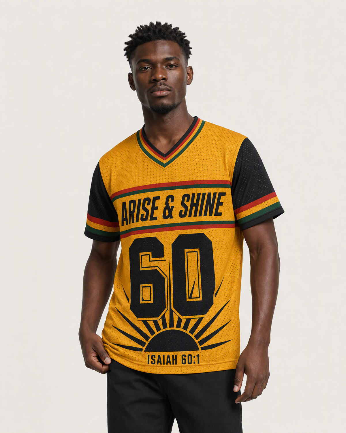 Arise Shine 60 — Ghana Faith Jersey — on-body three-quarter — AI-generated styling visualization