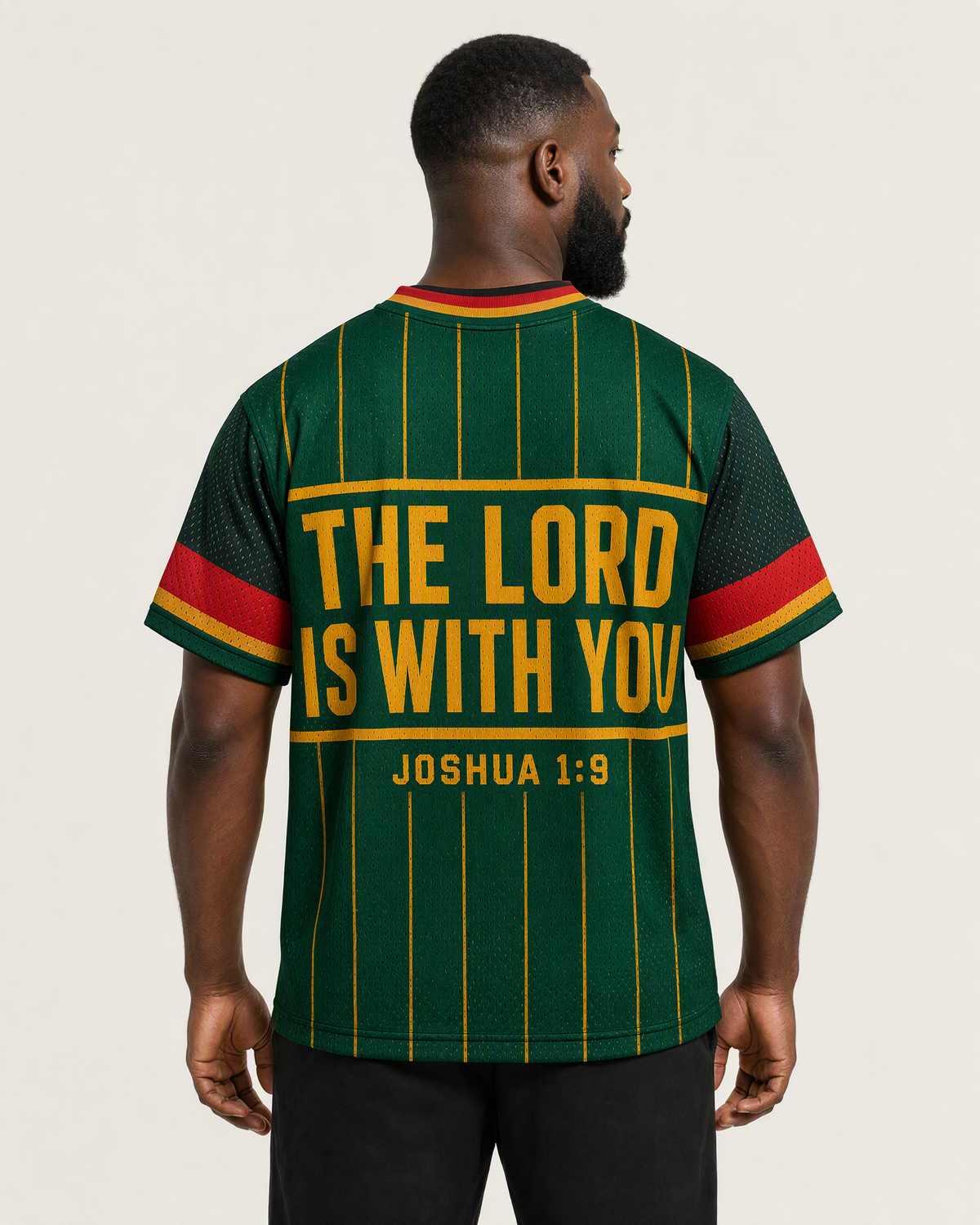 Strong & Courageous 09 — Ghana Faith Jersey — on-body back — AI-generated styling visualization