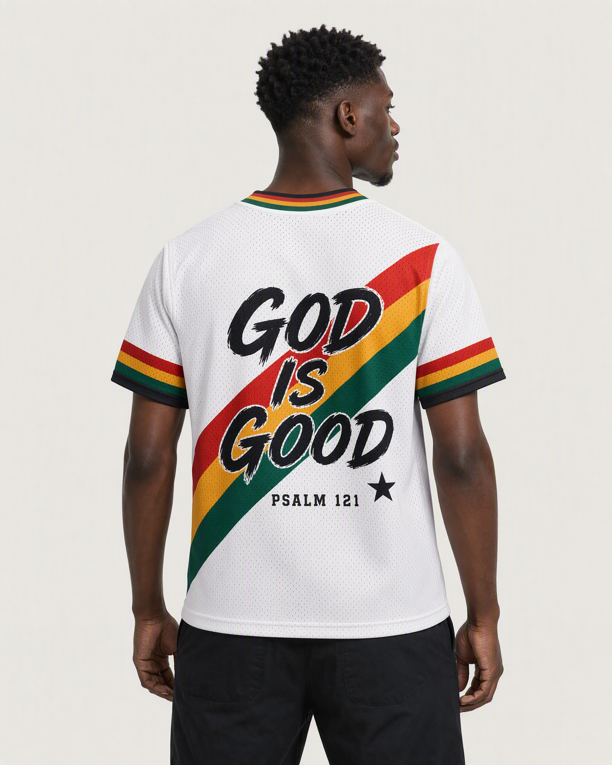 Nyame Ye 121 — Ghana Faith Jersey — on-body back — AI-generated styling visualization