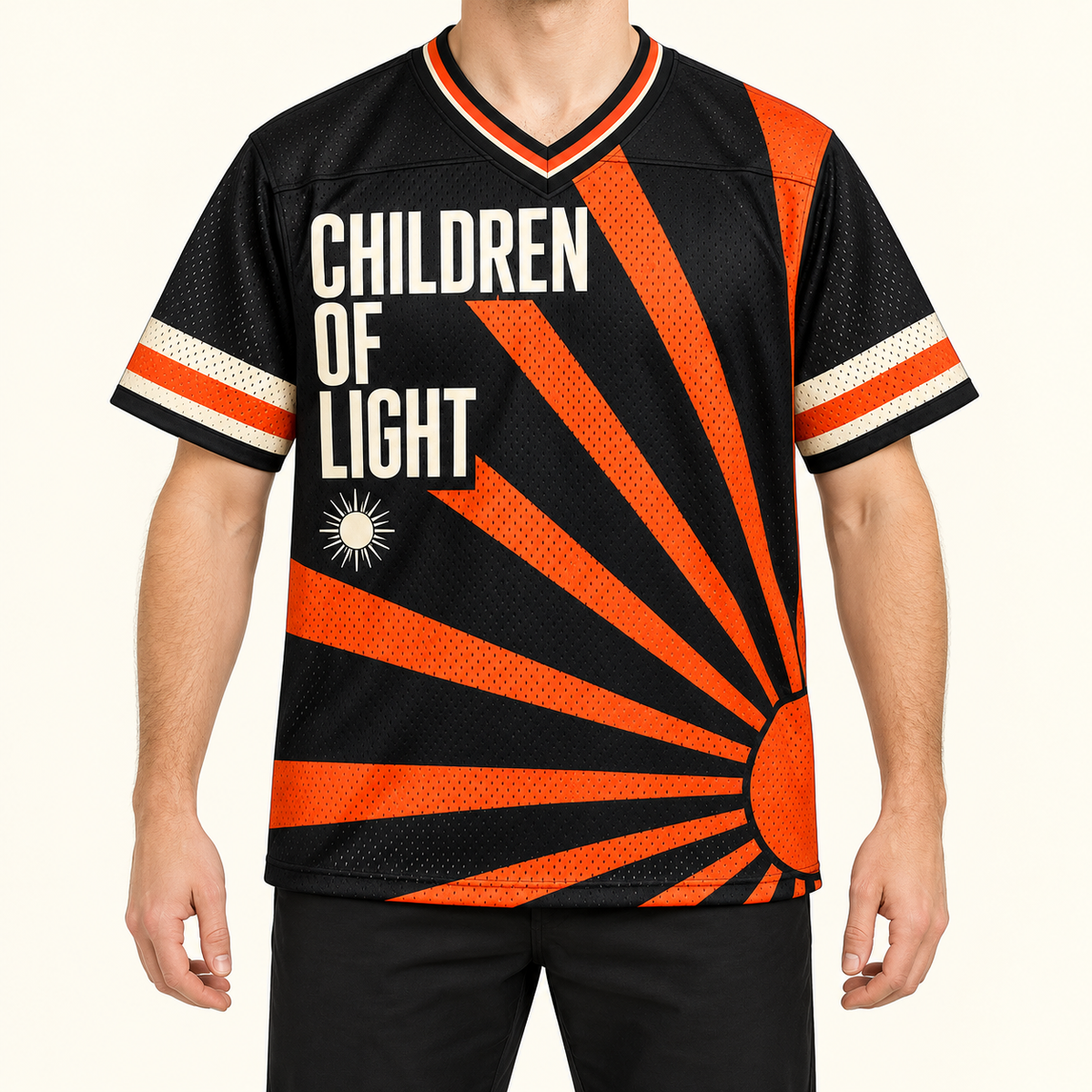 Children of Light — Sunburst Jersey — on-body — AI-generated styling visualization
