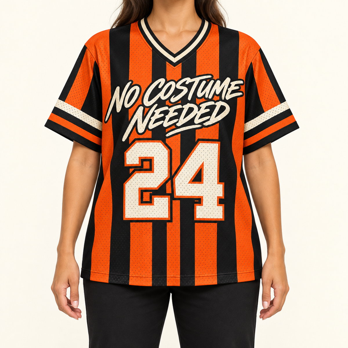No Costume Needed — Stripes Jersey — on-body — AI-generated styling visualization