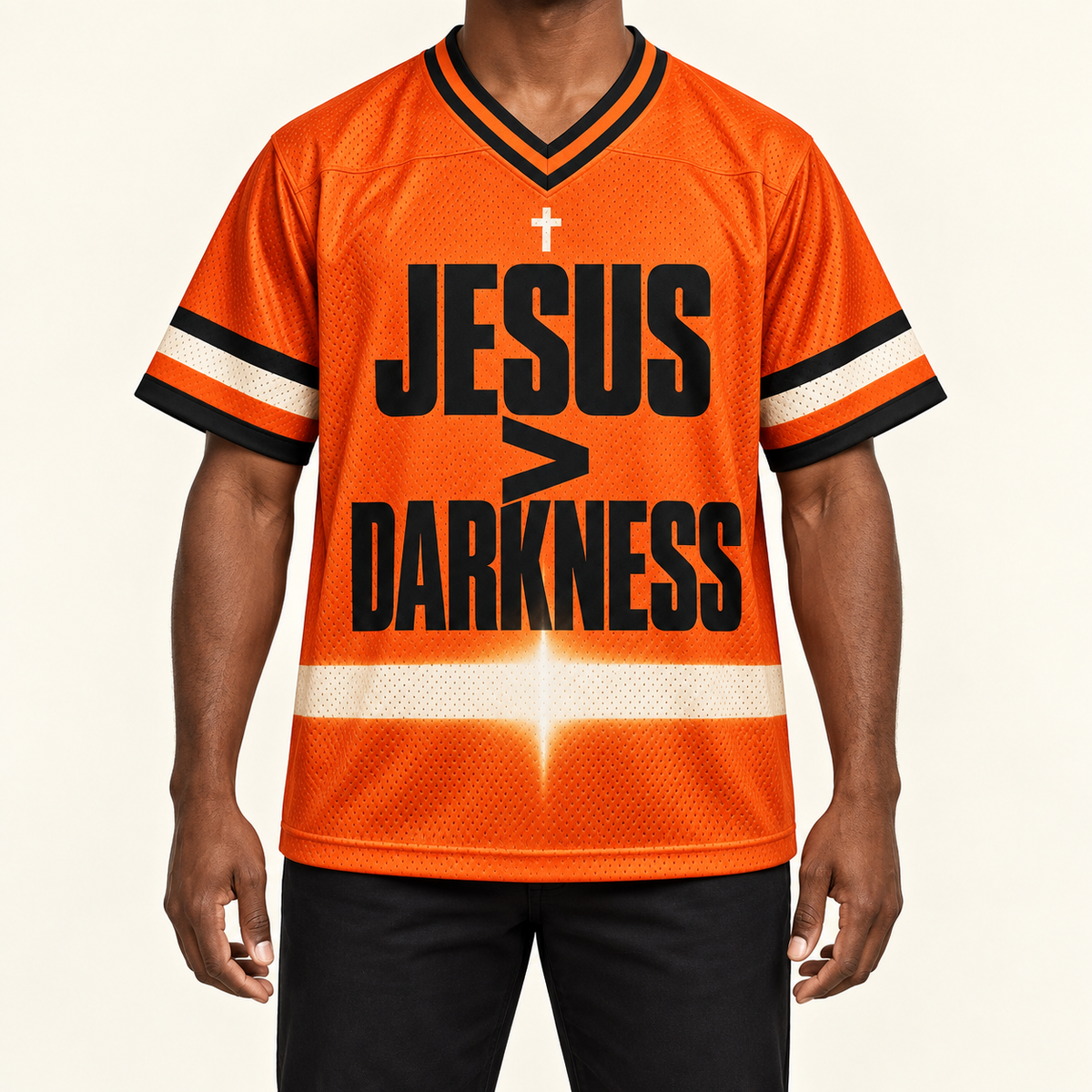 Jesus Over Darkness — Orange Jersey — on-body — AI-generated styling visualization