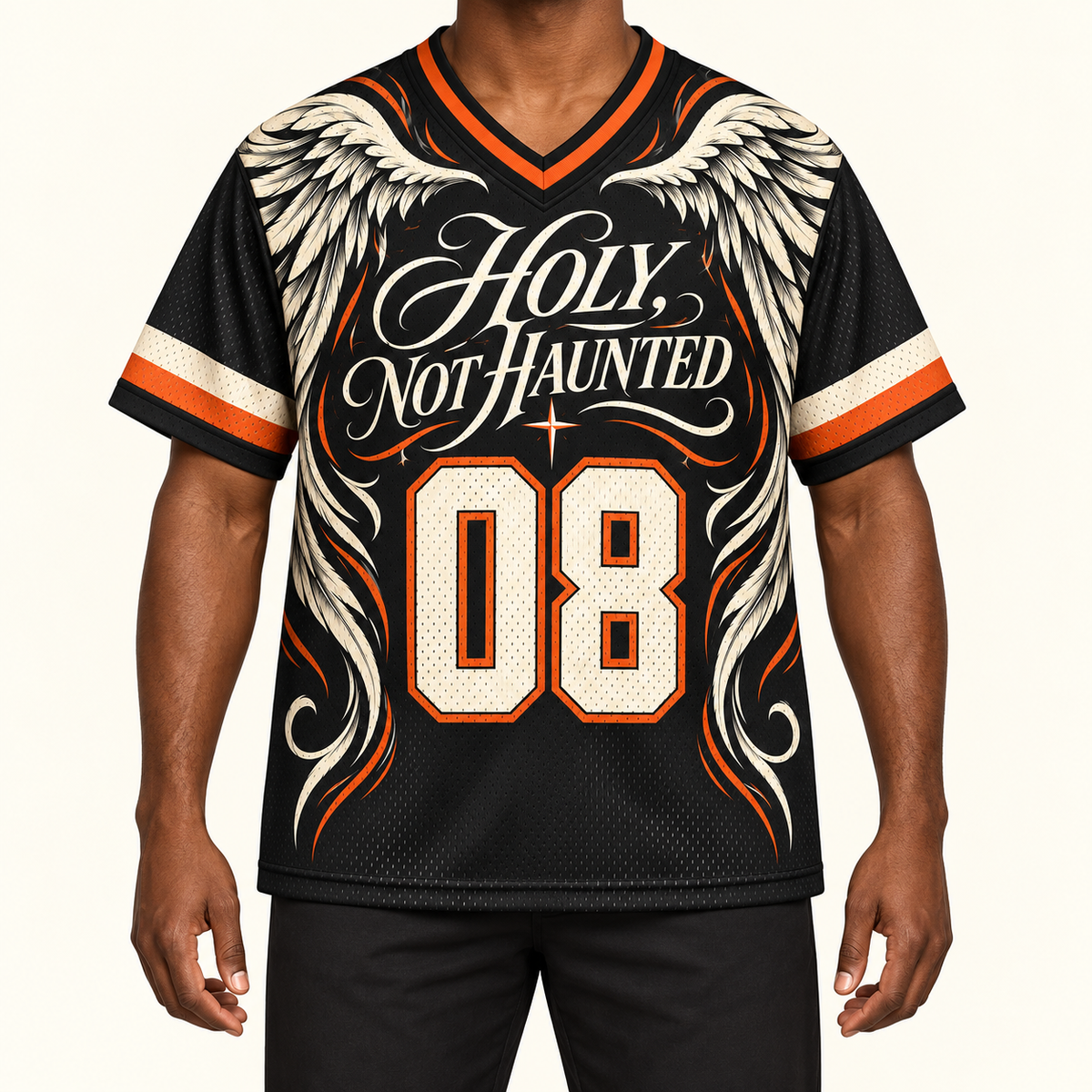 Holy, Not Haunted — Wings Jersey — on-body — AI-generated styling visualization