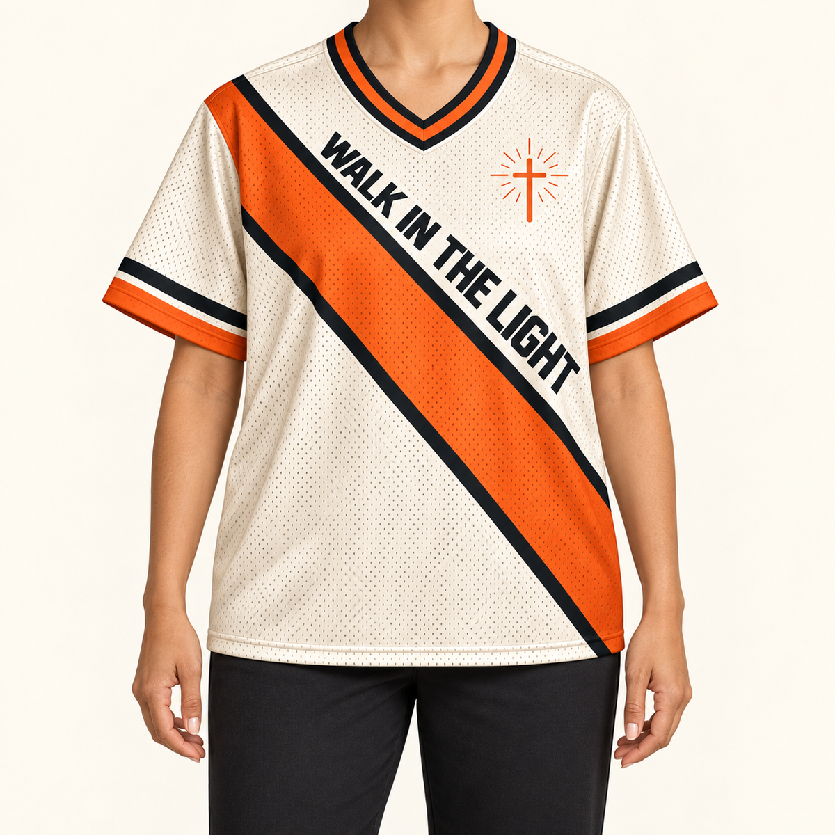 Walk in the Light — Sash Jersey — on-body — AI-generated styling visualization