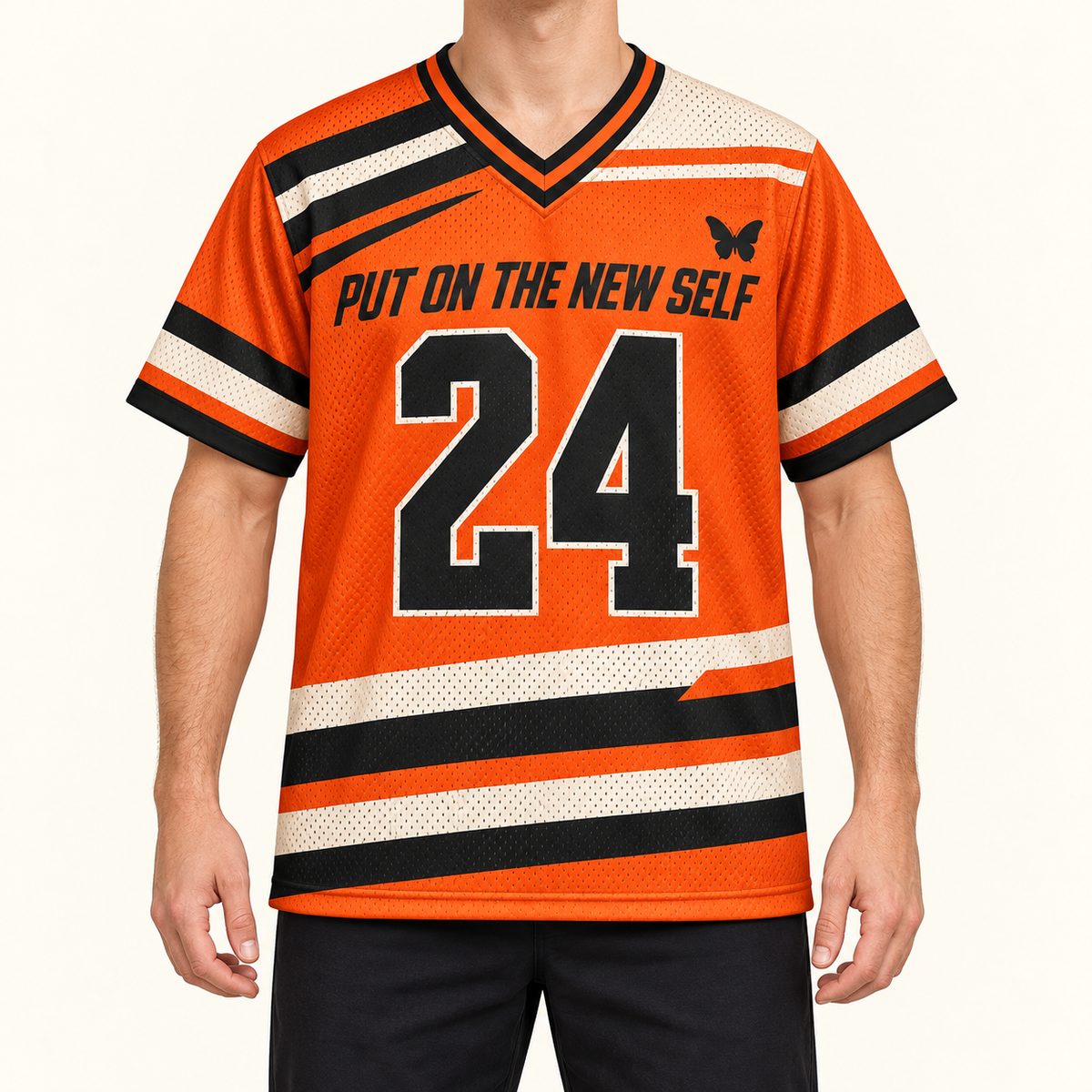 Put On the New Self — Orange Jersey — on-body — AI-generated styling visualization