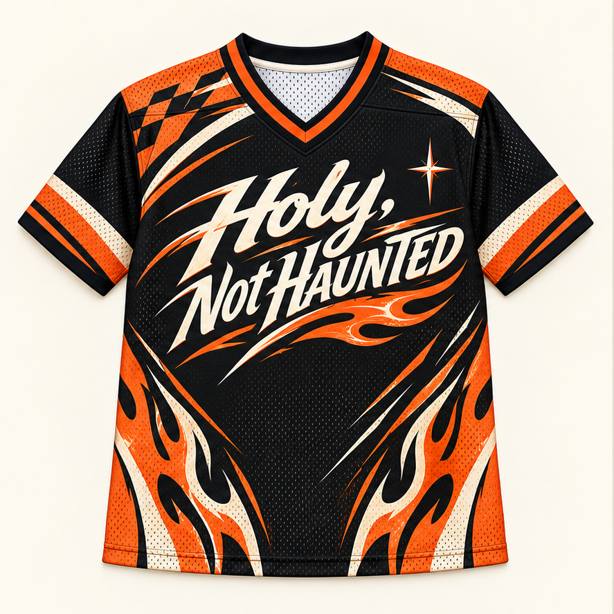 Holy, Not Haunted — Flame Run Jersey — front — digital product visualization