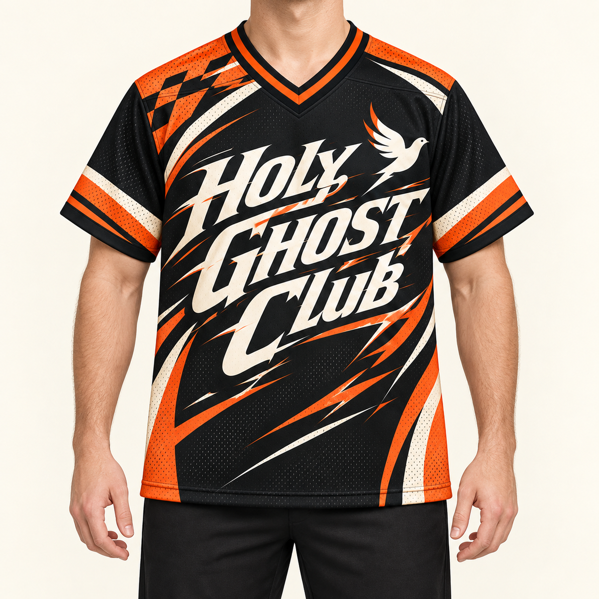 Holy Ghost Club — Moto Jersey — on-body — AI-generated styling visualization