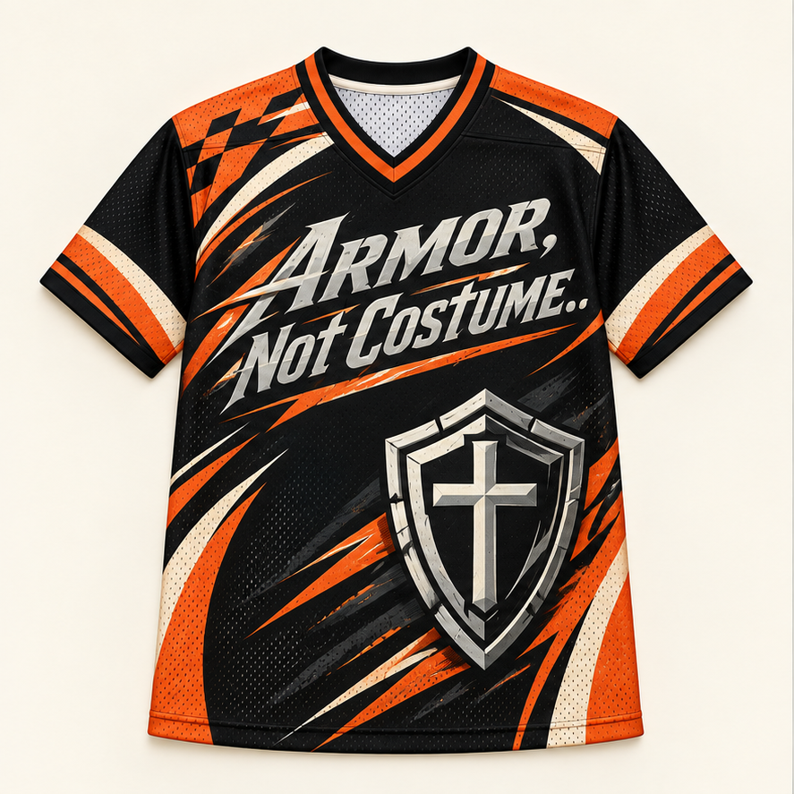Armor, Not Costume — Tech Jersey — front — digital product visualization