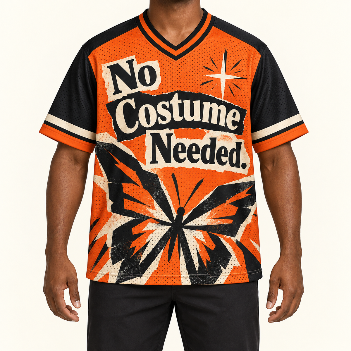 No Costume Needed — Zine Jersey — on-body — AI-generated styling visualization