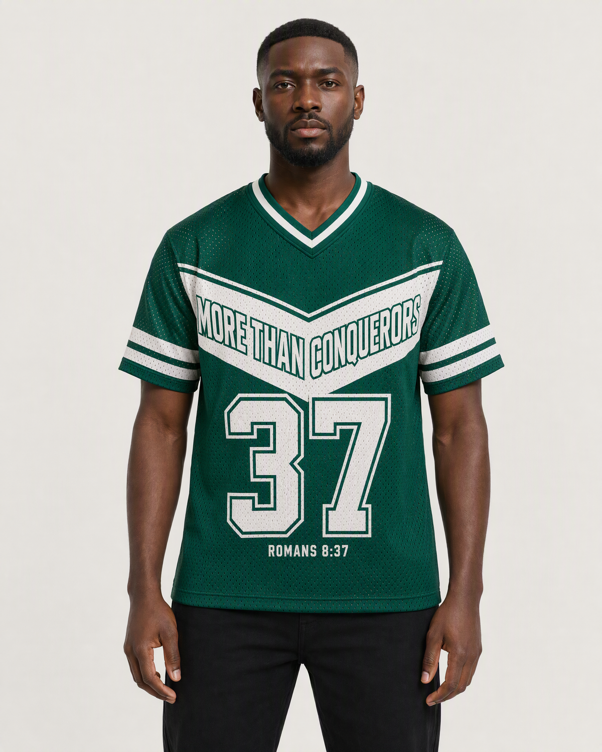 More Than Conquerors 37 — Nigeria Faith Jersey — on-body front — AI-generated styling visualization