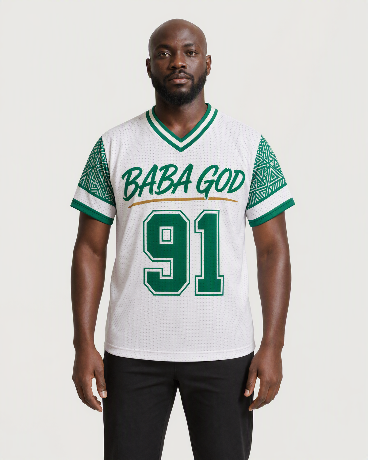 Baba God 91 — Nigeria Faith Jersey — on-body front — AI-generated styling visualization