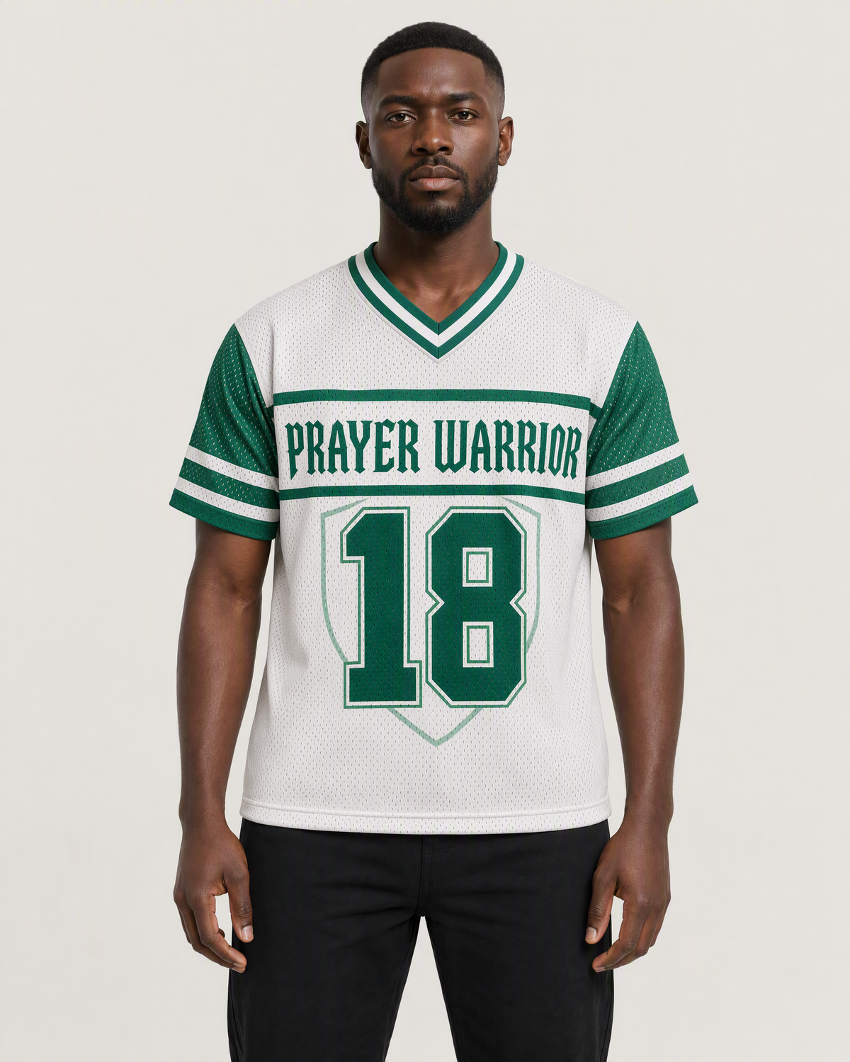 Prayer Warrior 18 — Nigeria Faith Jersey — on-body front — AI-generated styling visualization
