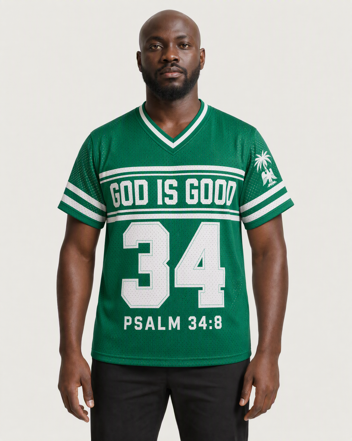 God Is Good 34 — Nigeria Faith Jersey — on-body front — AI-generated styling visualization