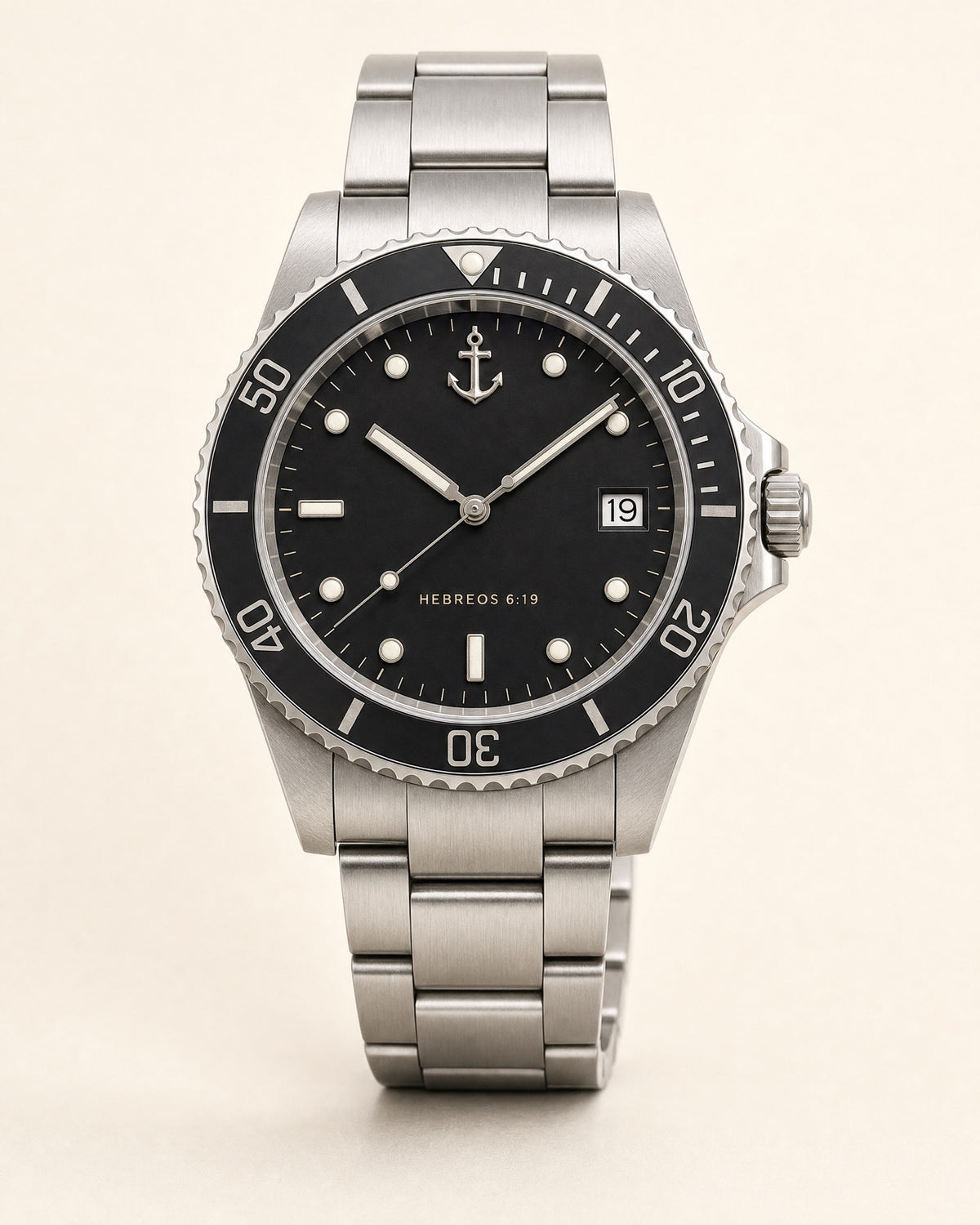 Ancla watch, matte black dial with round and baton luminous markers