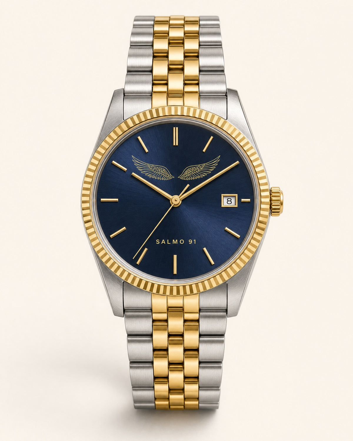 Reloj Salmo 91, carátula azul medianoche con efecto rayos de sol e índices dorados