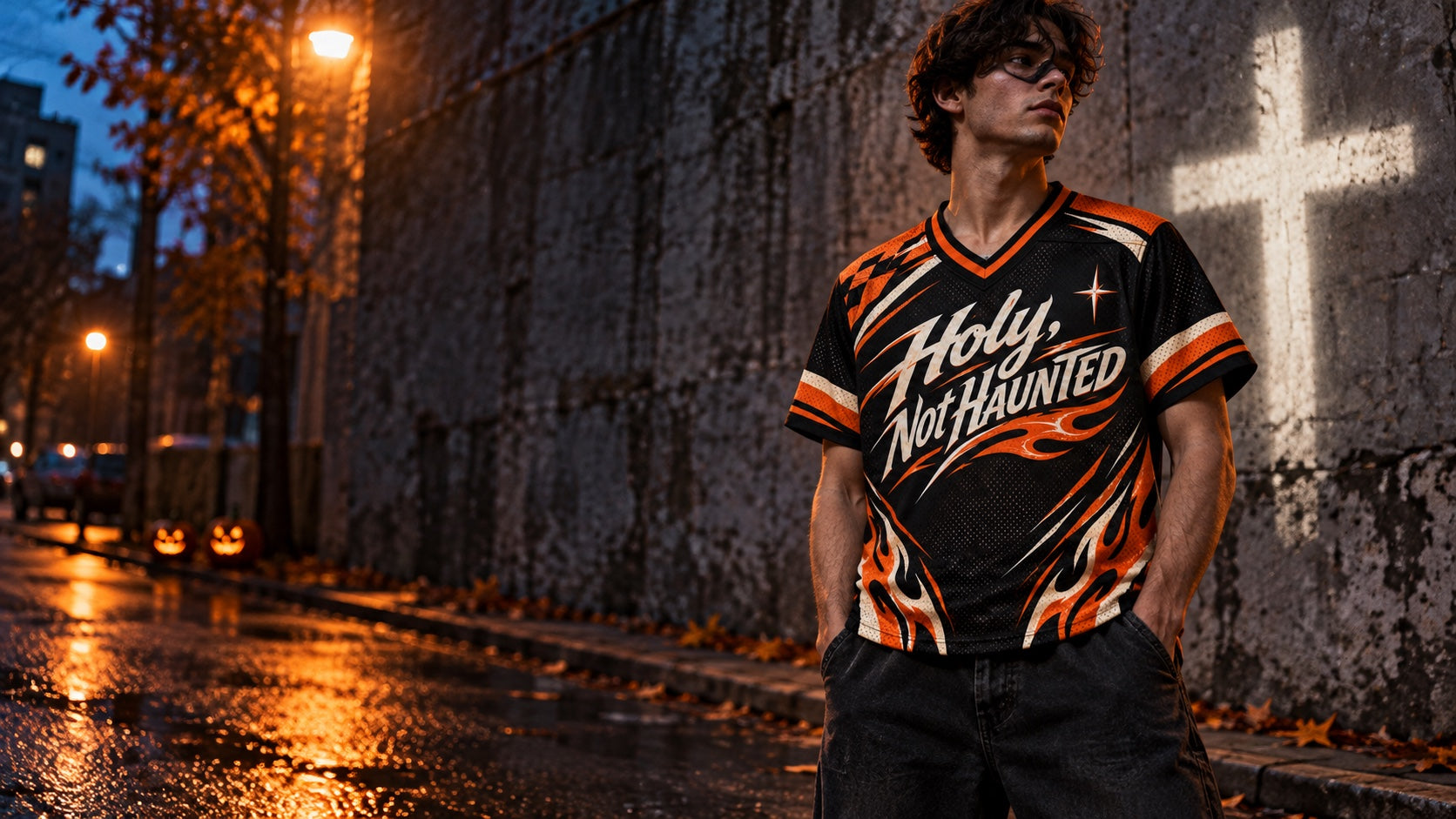 Model wearing the black and orange Holy, Not Haunted jersey beside a cross of light on an autumn street