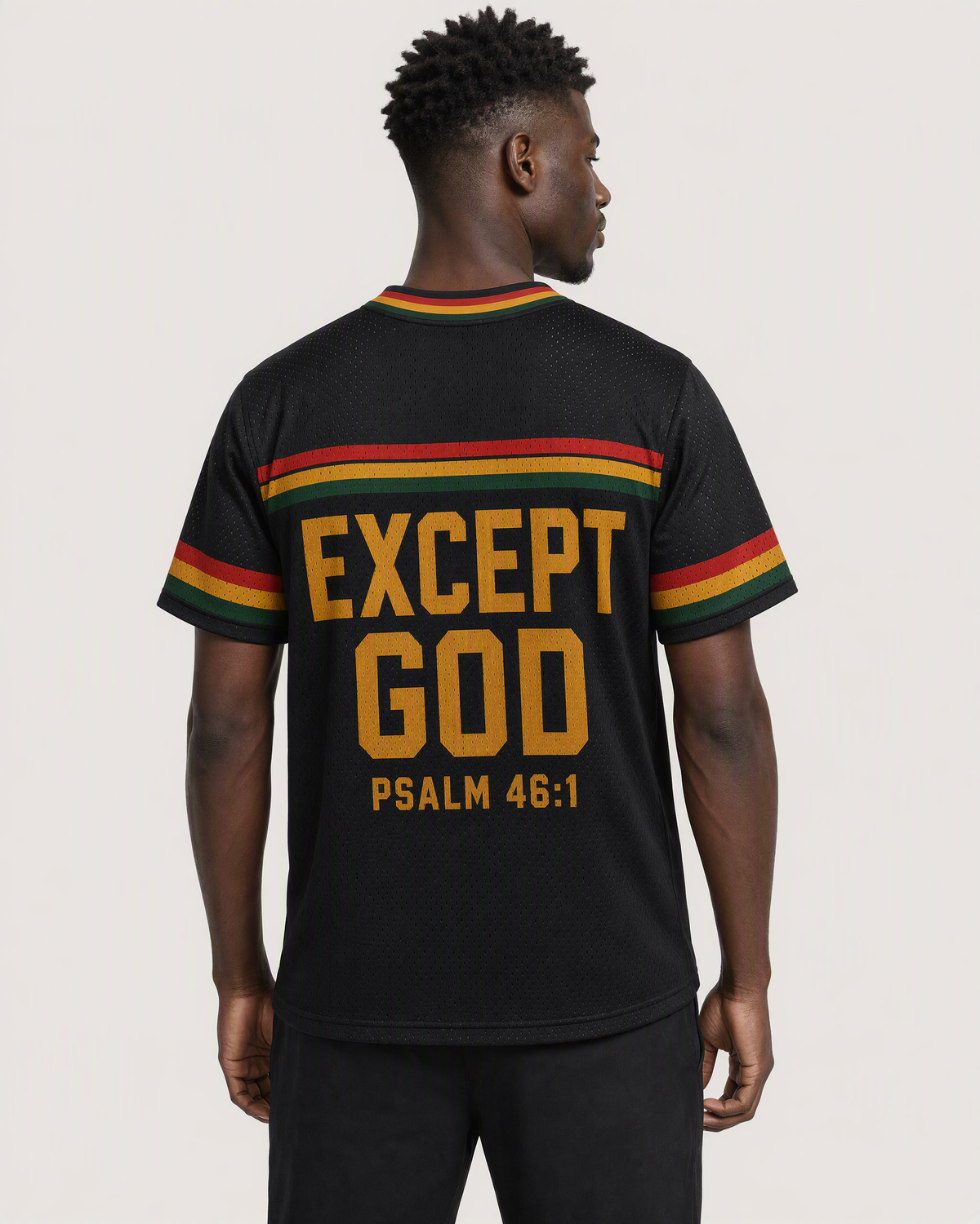Gye Nyame 46 — Ghana Faith Jersey — on-body back — AI-generated styling visualization