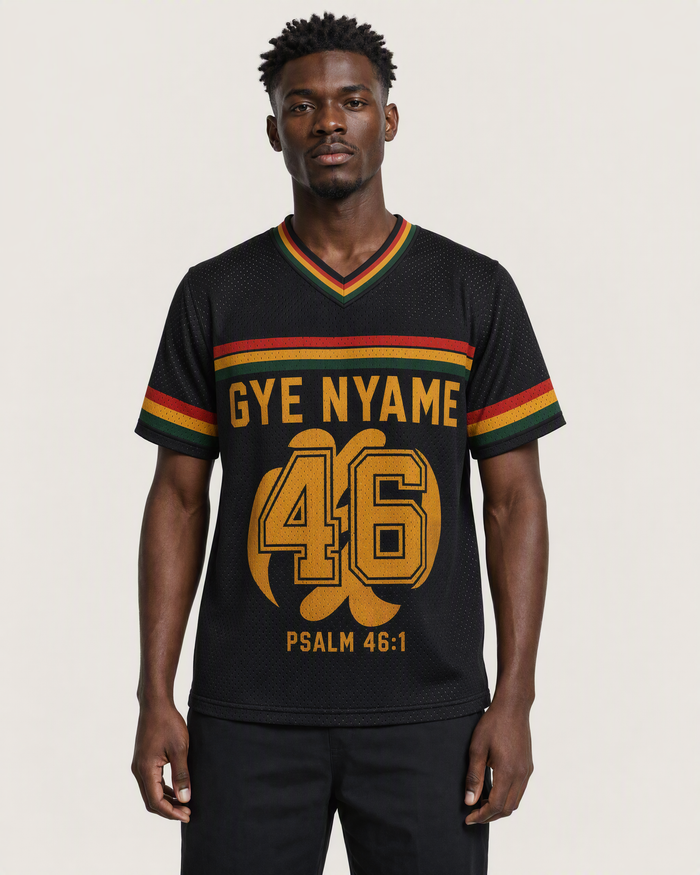 Gye Nyame 46 — Ghana Faith Jersey — on-body front — AI-generated styling visualization