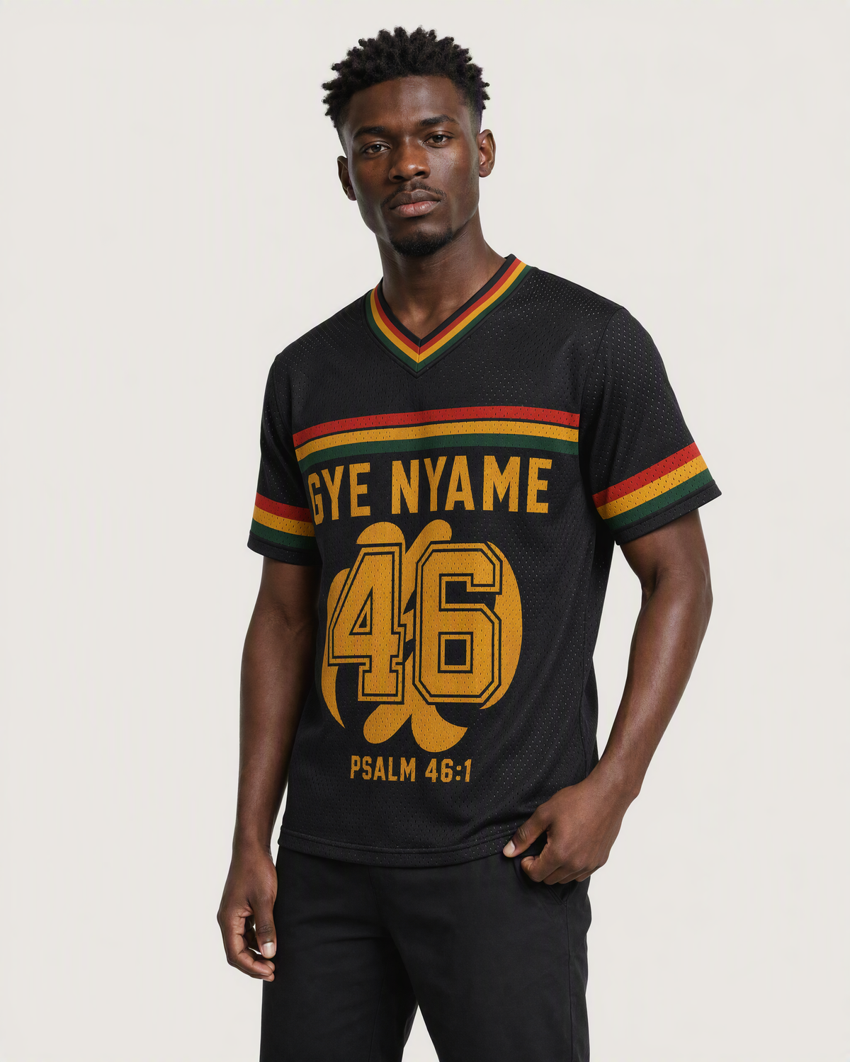Gye Nyame 46 — Ghana Faith Jersey — on-body three-quarter — AI-generated styling visualization