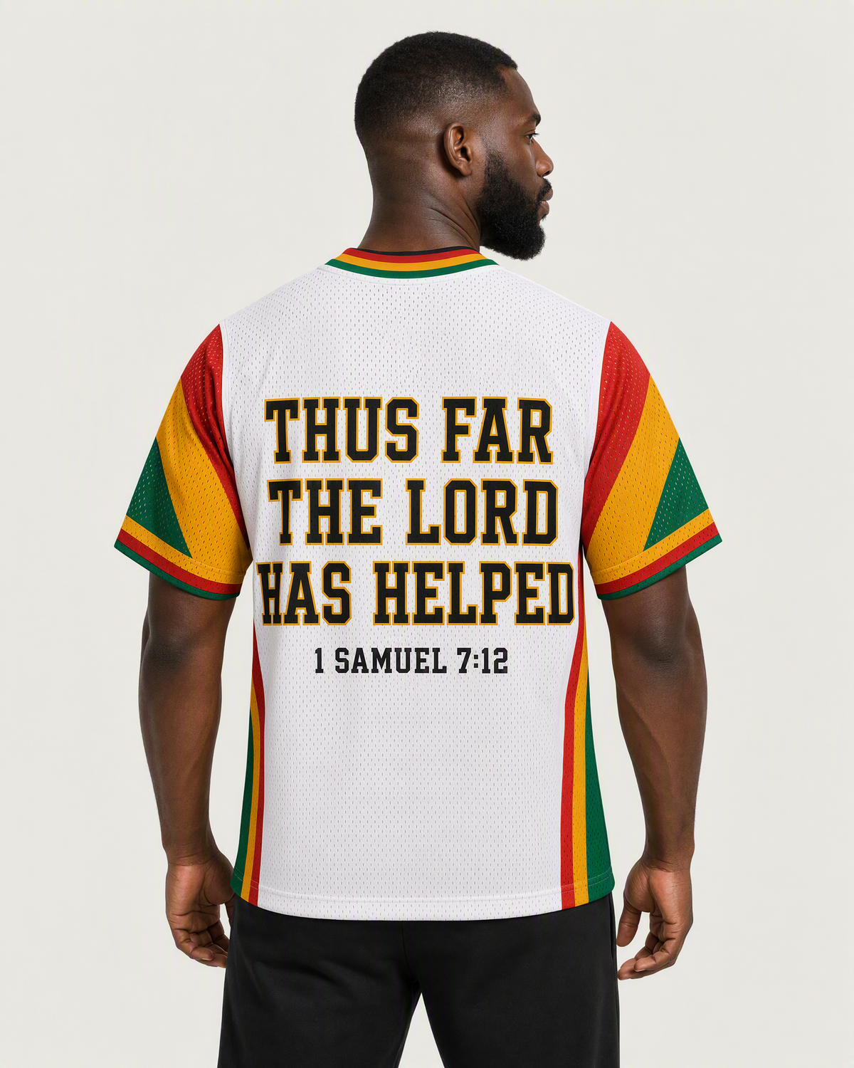 Ebenezer 12 — Ghana Faith Jersey — on-body back — AI-generated styling visualization