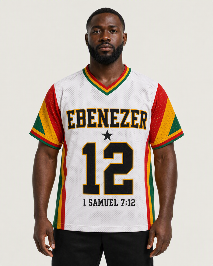 Ebenezer 12 — Ghana Faith Jersey — on-body front — AI-generated styling visualization