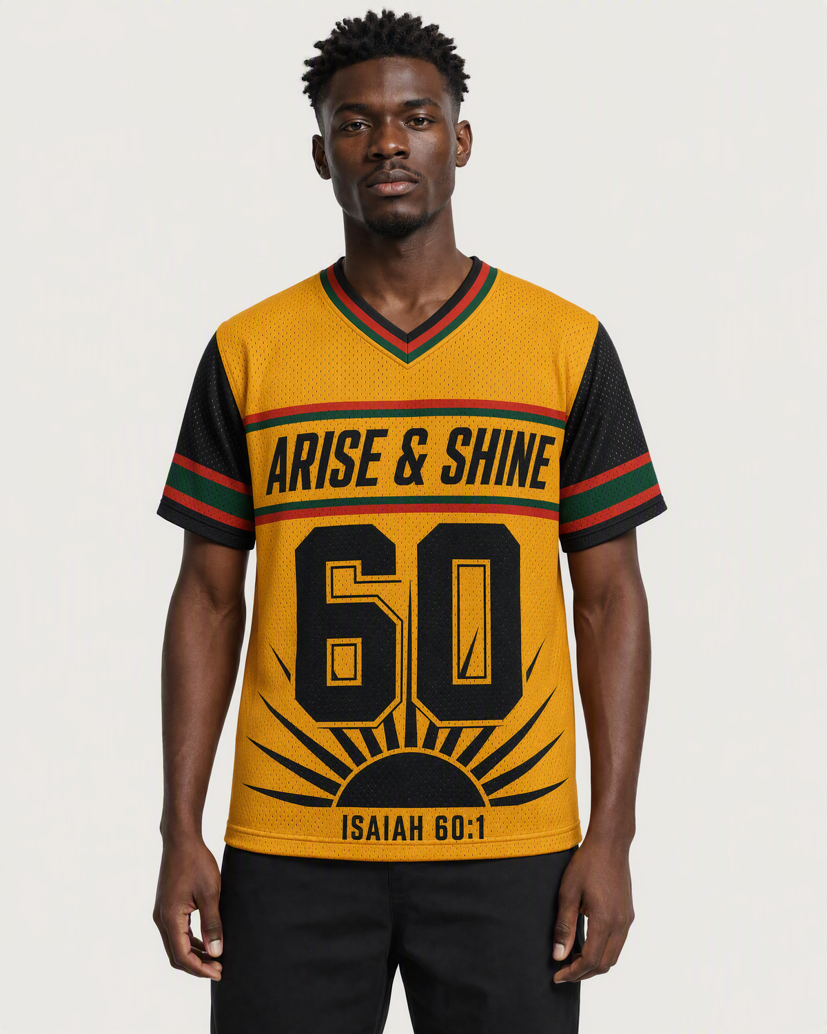 Arise Shine 60 — Ghana Faith Jersey — on-body front — AI-generated styling visualization