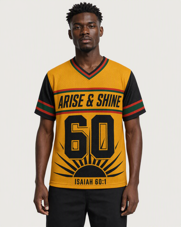 Arise Shine 60 — Ghana Faith Jersey — on-body front — AI-generated styling visualization