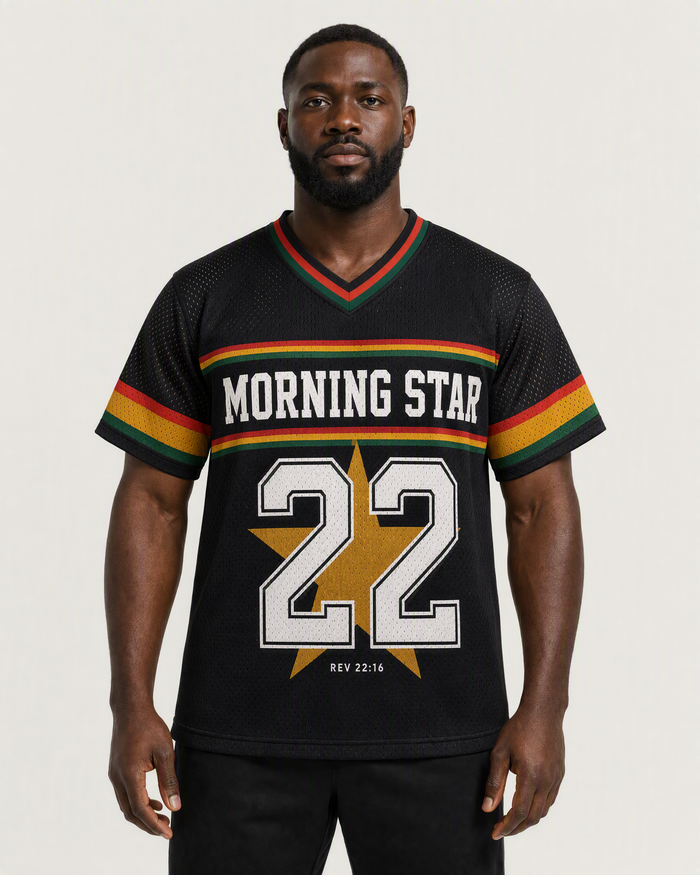Bright Morning Star 22 — Ghana Faith Jersey — on-body front — AI-generated styling visualization