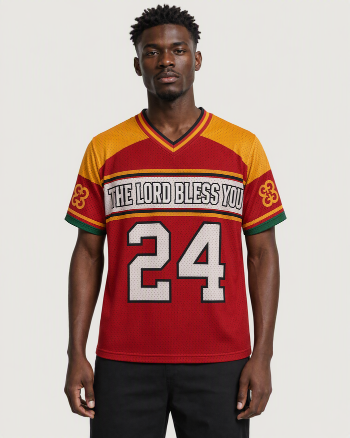 The Lord Bless You 24 — Ghana Faith Jersey — on-body front — AI-generated styling visualization