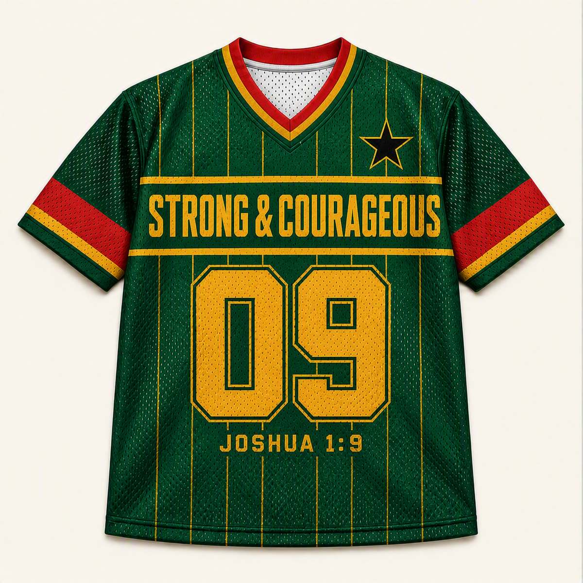 Strong & Courageous 09 — Ghana Faith Jersey — front — digital product visualization