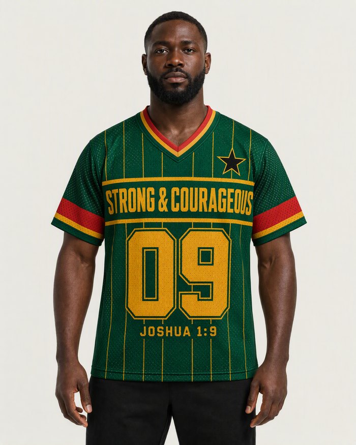 Strong & Courageous 09 — Ghana Faith Jersey — on-body front — AI-generated styling visualization