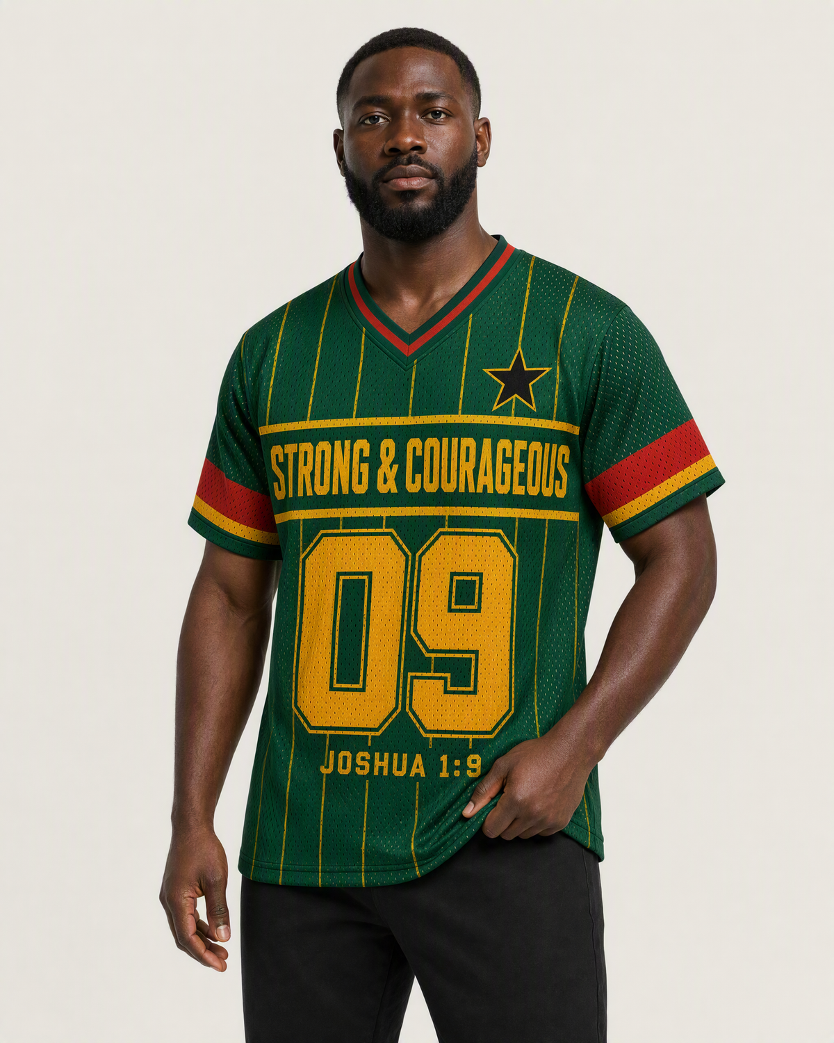 Strong & Courageous 09 — Ghana Faith Jersey — on-body three-quarter — AI-generated styling visualization