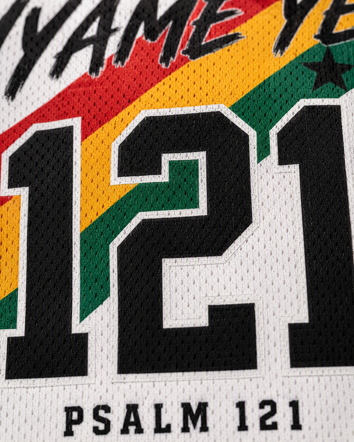 Nyame Ye 121 — Ghana Faith Jersey — detail verse — digital product visualization