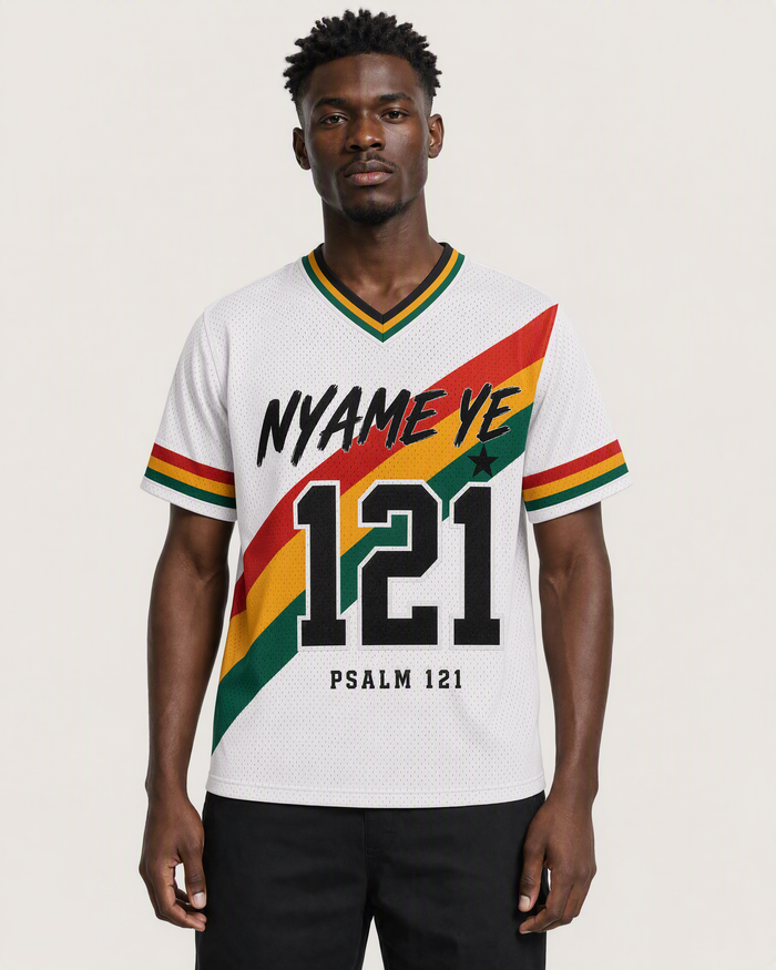 Nyame Ye 121 — Ghana Faith Jersey — on-body front — AI-generated styling visualization