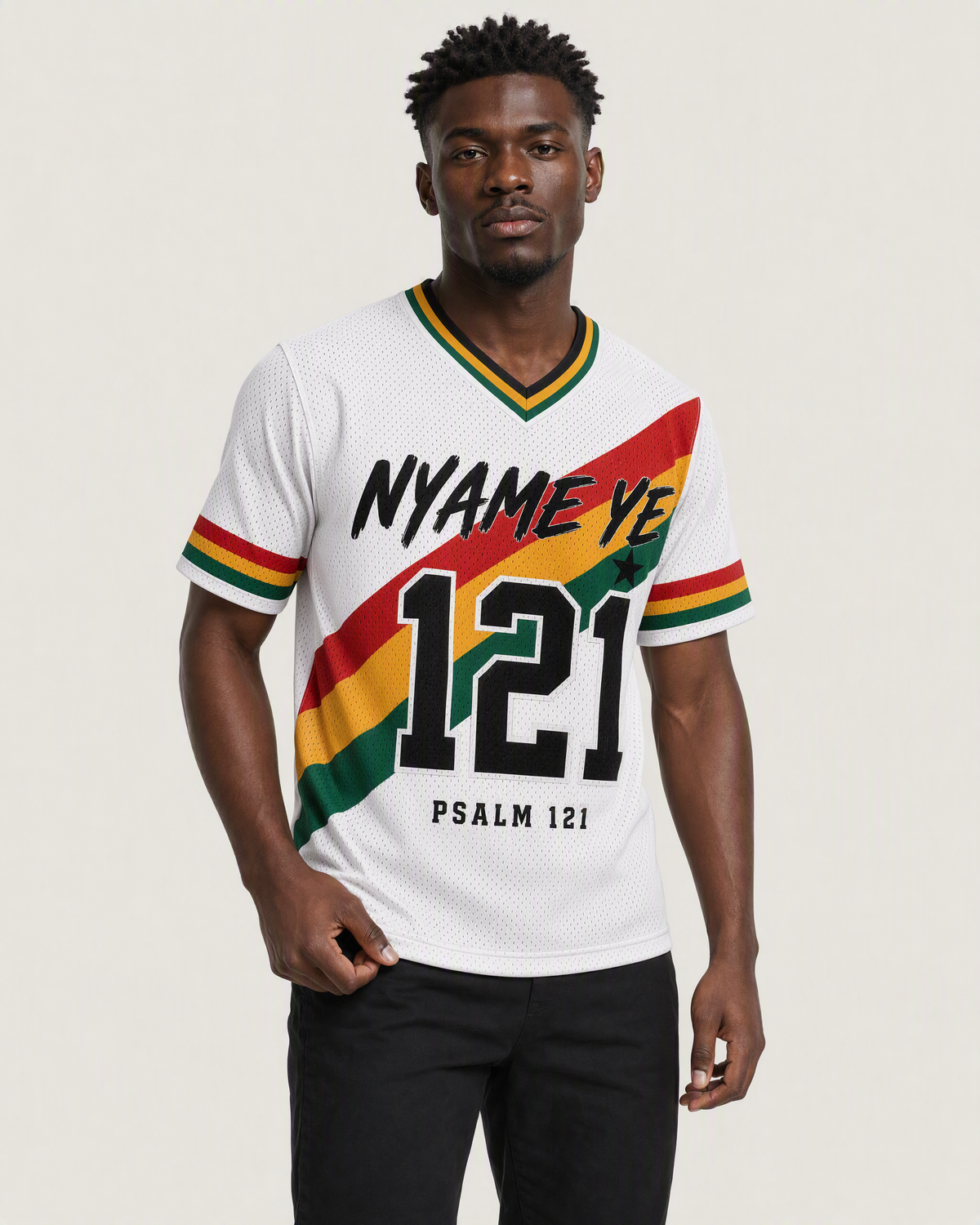Nyame Ye 121 — Ghana Faith Jersey — on-body three-quarter — AI-generated styling visualization