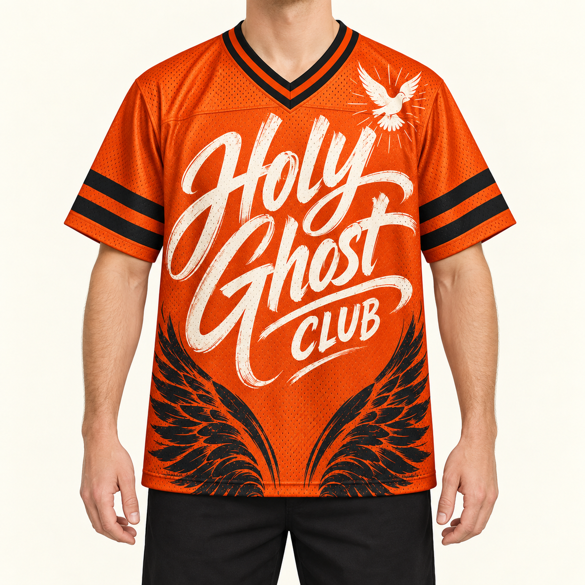 Holy Ghost Club — Orange Jersey — on-body — AI-generated styling visualization