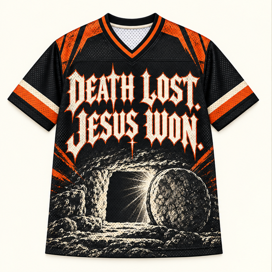 Death Lost, Jesus Won — Blackletter Jersey — front — digital product visualization