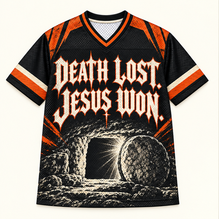 Death Lost, Jesus Won — Blackletter Jersey — front — digital product visualization