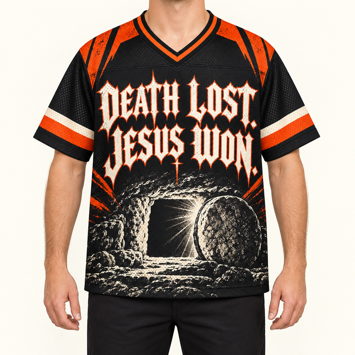 Death Lost, Jesus Won — Blackletter Jersey — on-body — AI-generated styling visualization