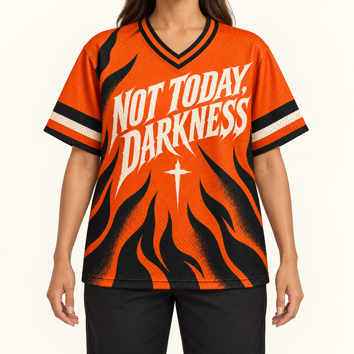 Not Today, Darkness — Orange Jersey — on-body — AI-generated styling visualization