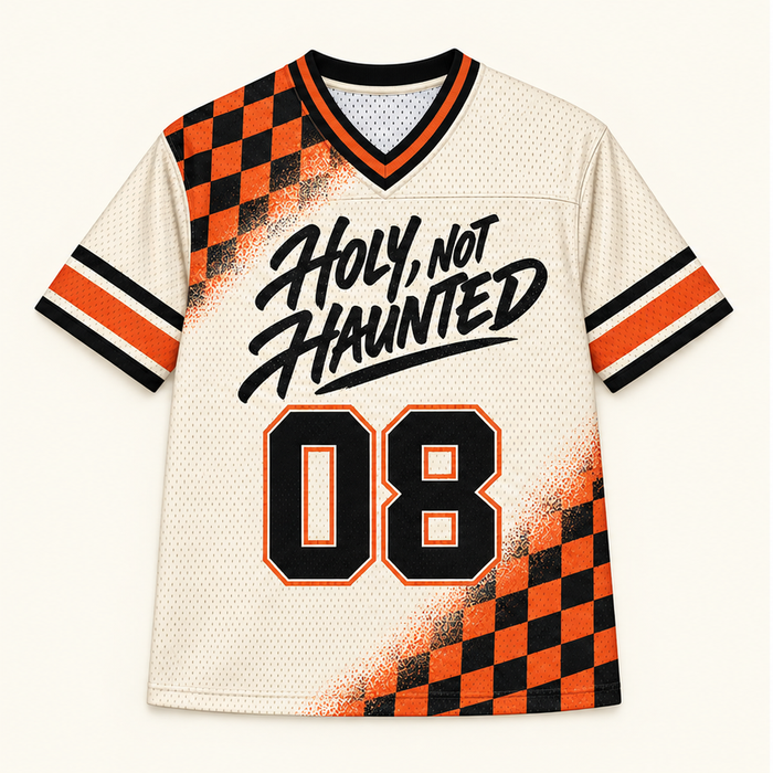 Holy, Not Haunted — Checker Jersey — front — digital product visualization