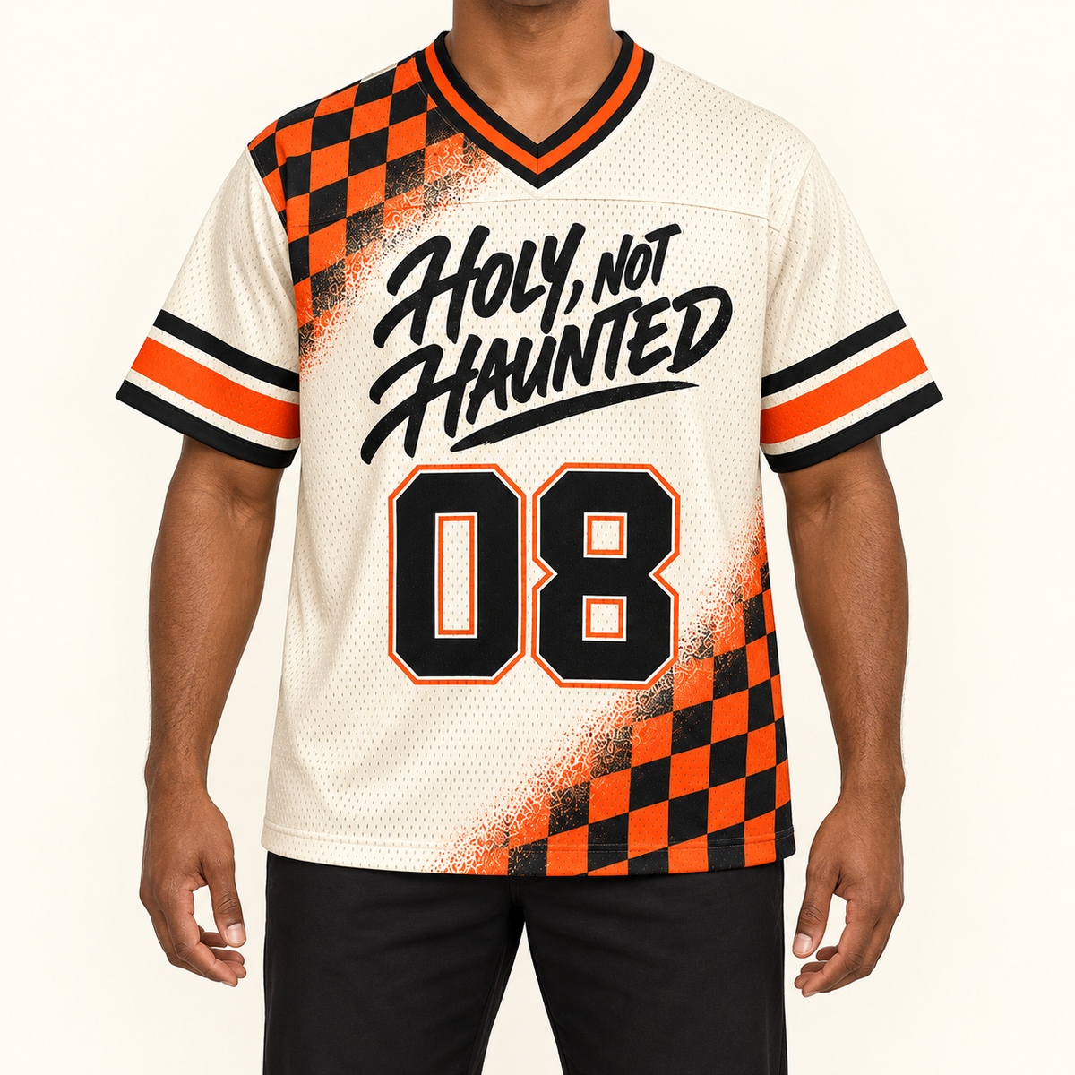 Holy, Not Haunted — Checker Jersey — on-body — AI-generated styling visualization