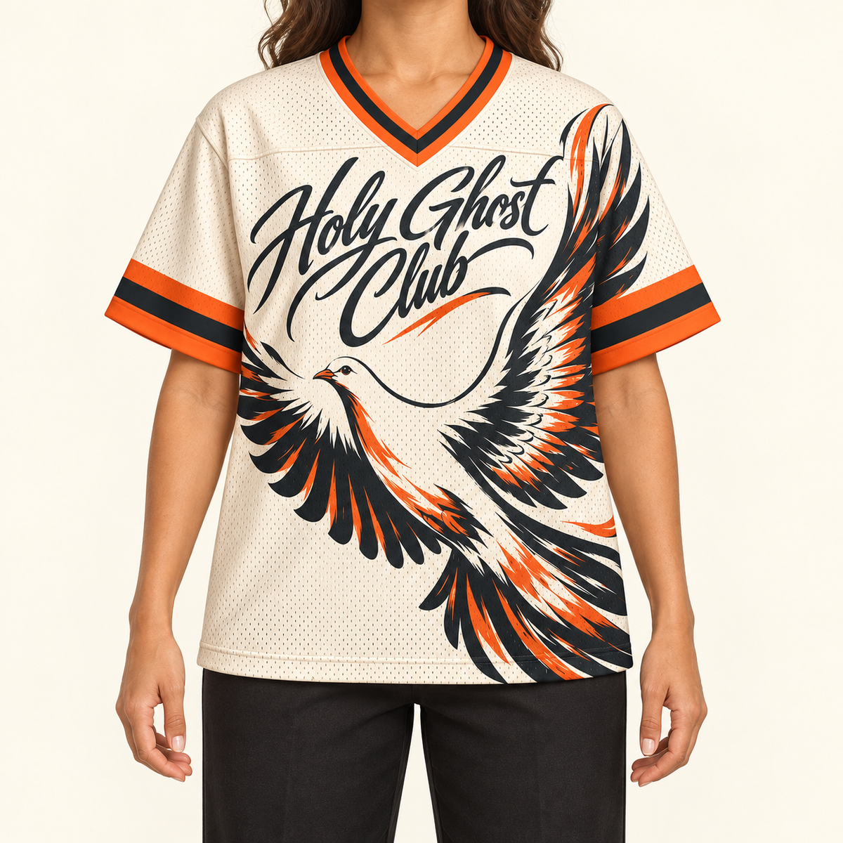 Holy Ghost Club — Flight Jersey — on-body — AI-generated styling visualization