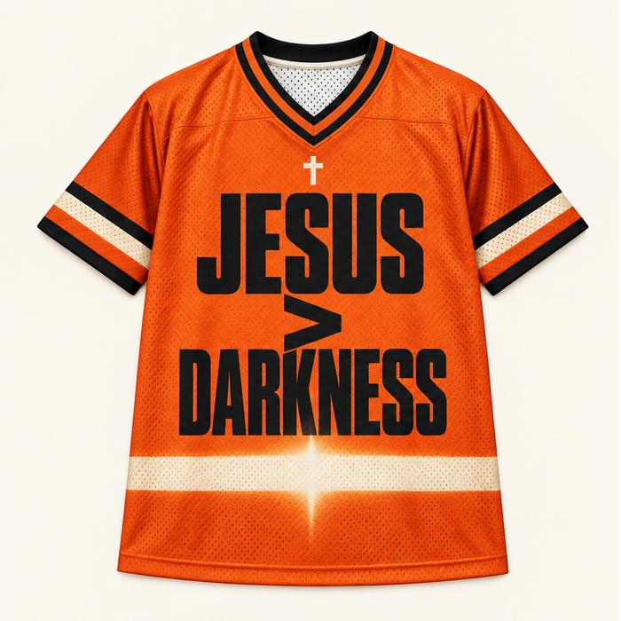 Jesus Over Darkness — Orange Jersey — front — digital product visualization
