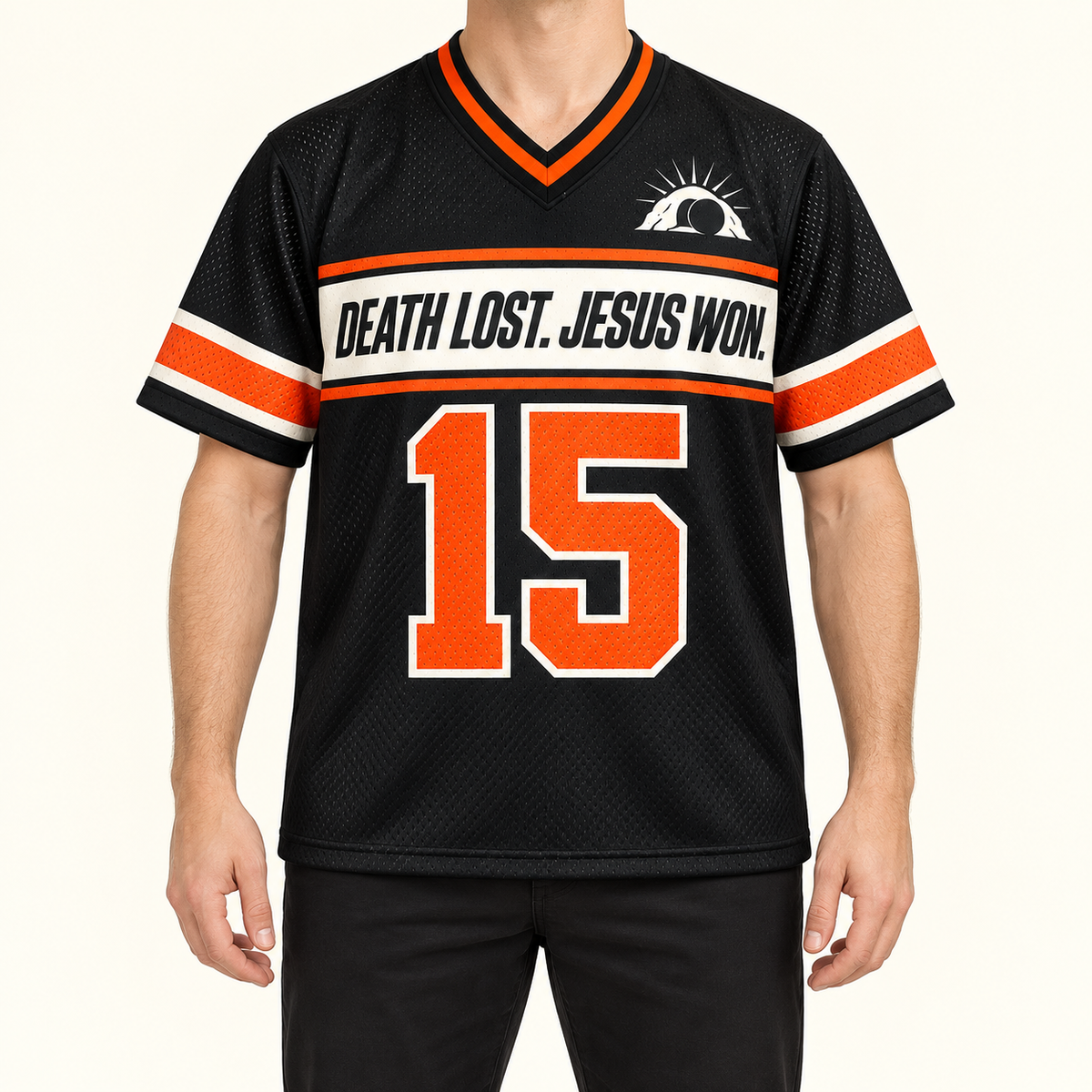 Death Lost, Jesus Won — Score Jersey — on-body — AI-generated styling visualization