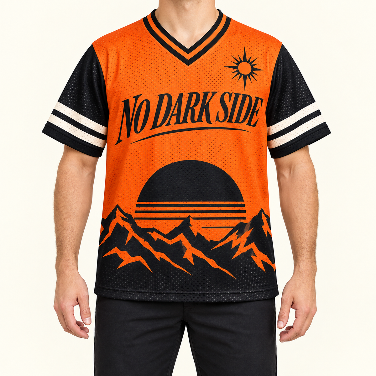 No Dark Side — Mountain Jersey — on-body — AI-generated styling visualization