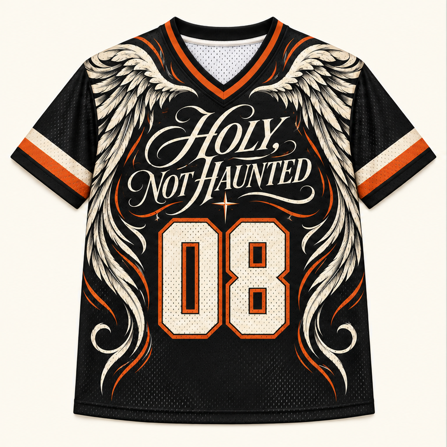 Holy, Not Haunted — Wings Jersey — front — digital product visualization