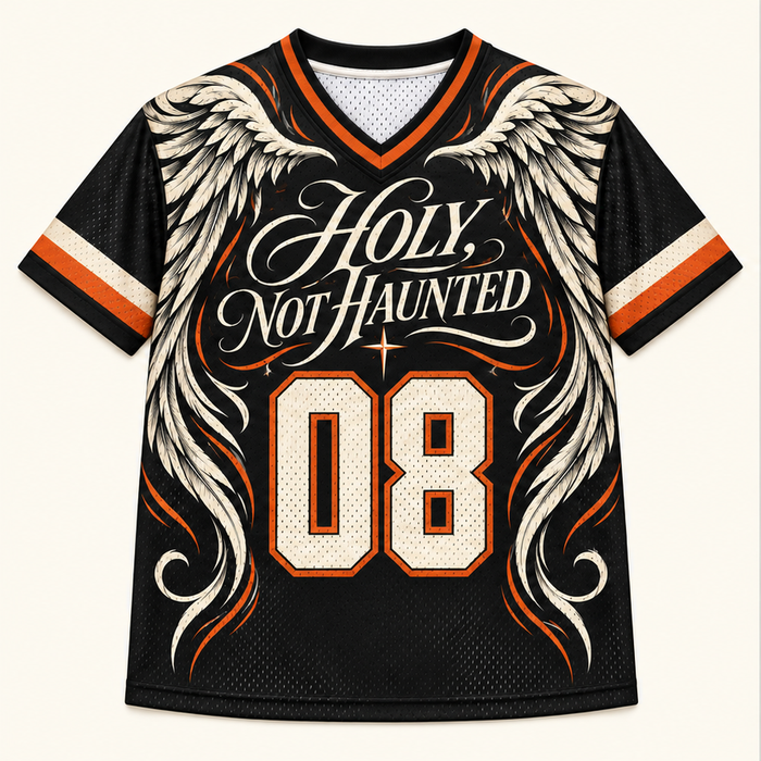 Holy, Not Haunted — Wings Jersey — front — digital product visualization